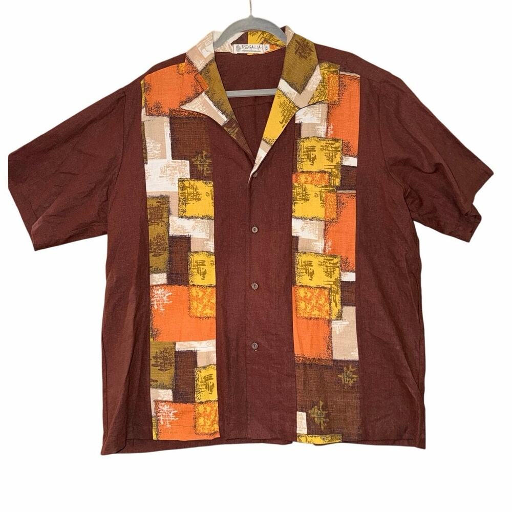 Regalia handmade mens button front cabana style shirt XL brown earth tones fall